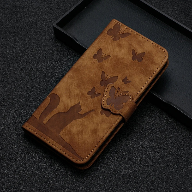 Capa de telefone bonito gato e borboleta, capa de couro, iPhone 12, 14, 14, 15, Pro Max,