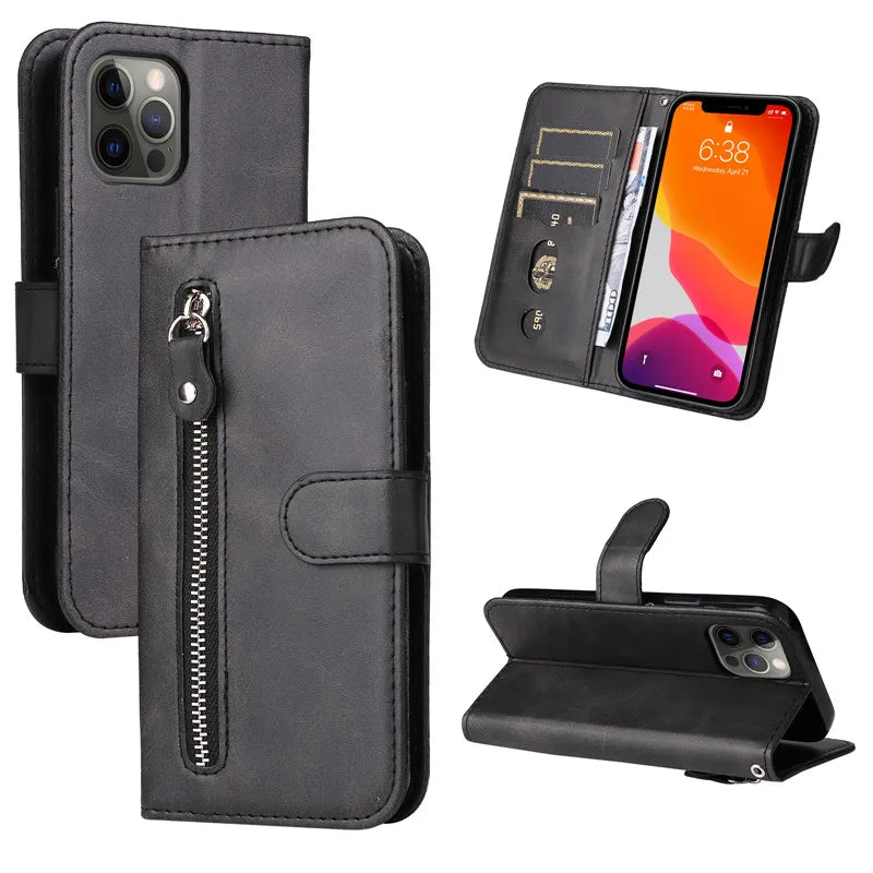 Capa de couro magnética flip para Samsung Galaxy, tampa do saco do telefone carteira, slot para cartão, zíper, A14, A24, 4G, A04, A04E, A04s, A34, A54, 5G