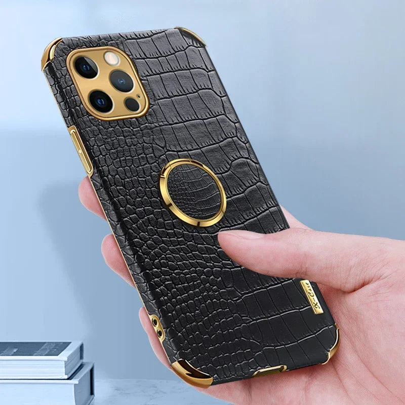 Capa de couro de crocodilo para iPhone, anel magnético à prova de choque, Iphone 13, 14, 15