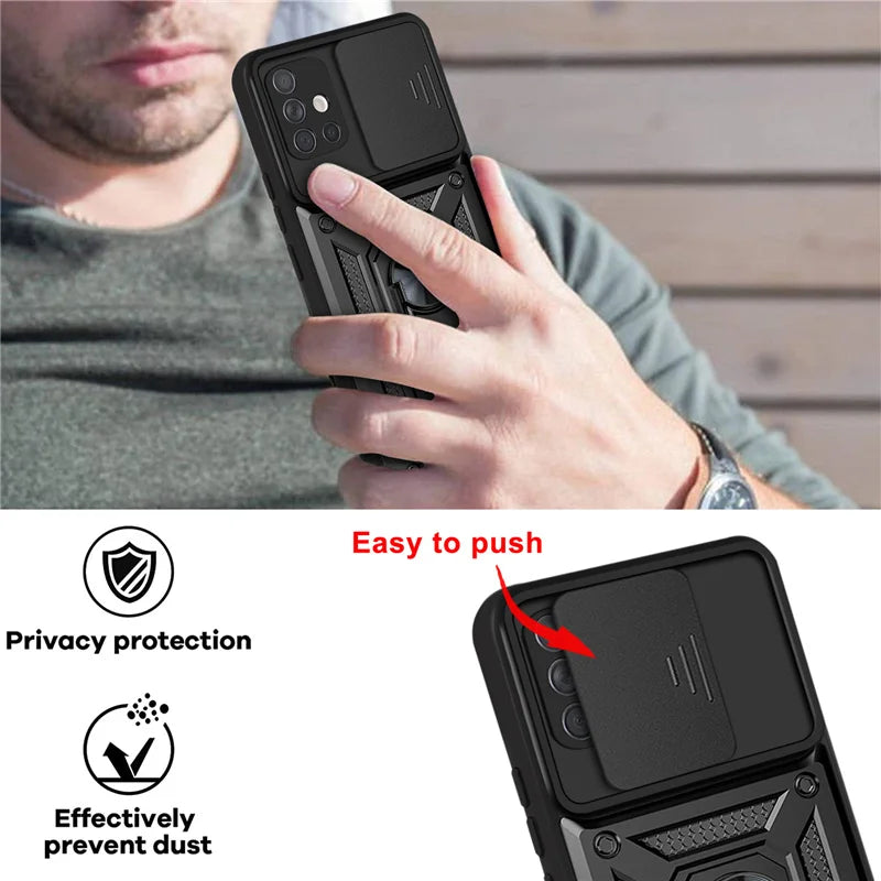 Capa à prova de choque para Samsung Galaxy, Suporte do anel magnético do carro, Capa Push Pull Camera Protect, A11, A31, A51, A71, M11, M51, A21s