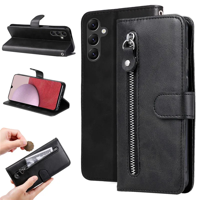 Capa de couro magnética flip para Samsung Galaxy, tampa do saco do telefone carteira, slot para cartão, zíper, A14, A24, 4G, A04, A04E, A04s, A34, A54, 5G