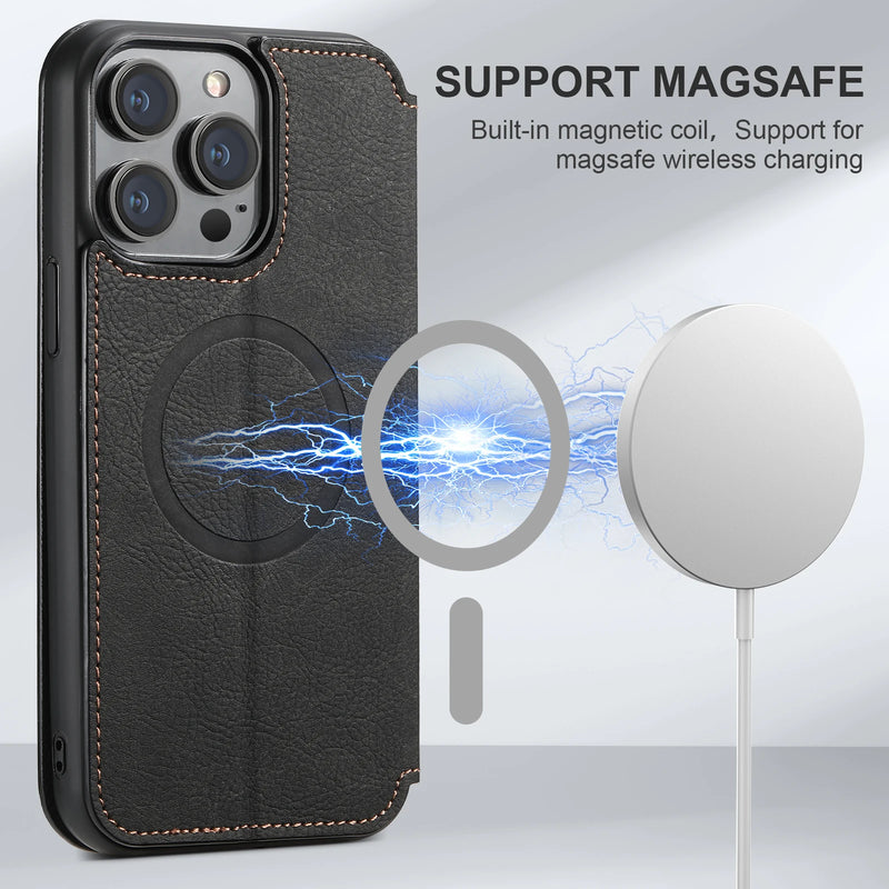 SUTEENI-Capa De Telefone De Couro Magsafe Para Iphone,  De Luxo, Carteira Ultra Flip, Porta-Cartão, 12, 13, 14, 15 Pro Max