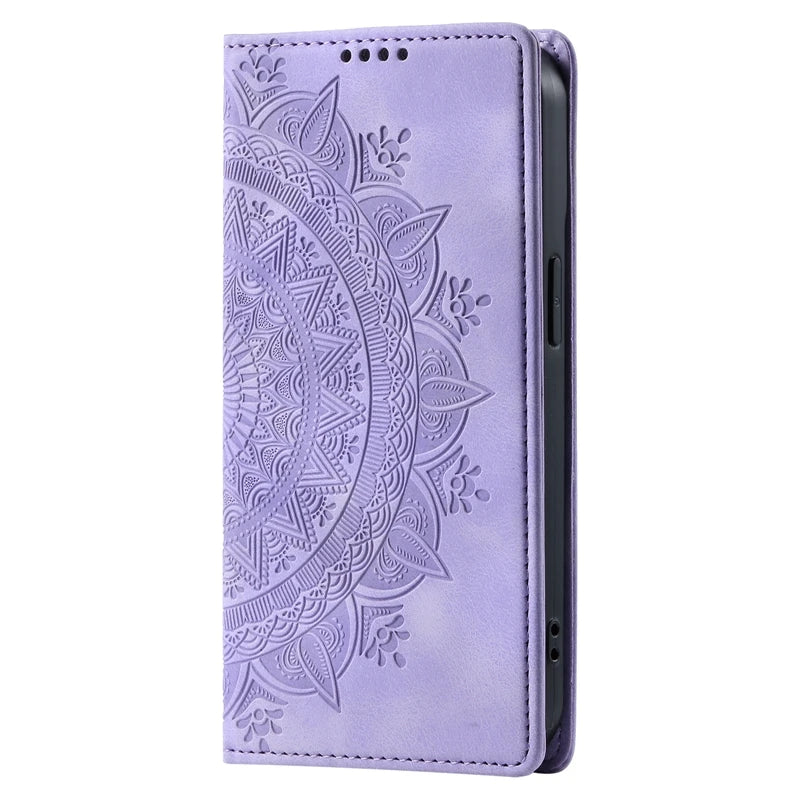 Capa de couro mandala magnética para iPhone 11, 12, 13, 14, 15