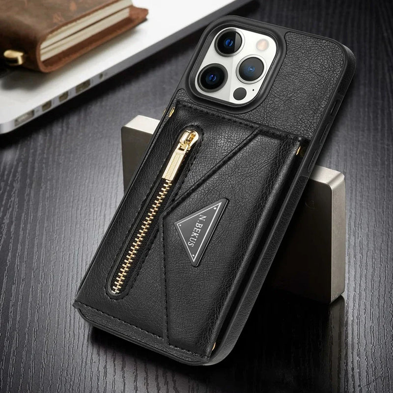 Capa de Couro Crossbody para iPhone, Carteira de Cartão Lateral, Zipper Flip, iPhone 11, 12, 13, 14, 15