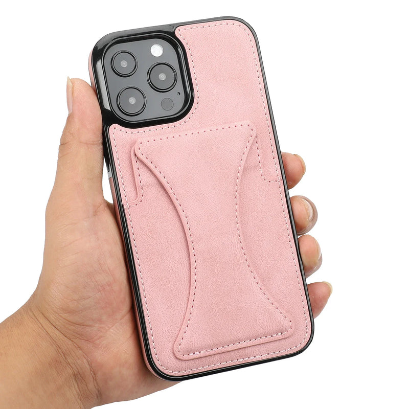 Capa de couro luxuosa para iPhone, tampa traseira flip, suporte de cartão, suporte magnético 12, 13, 14, 15