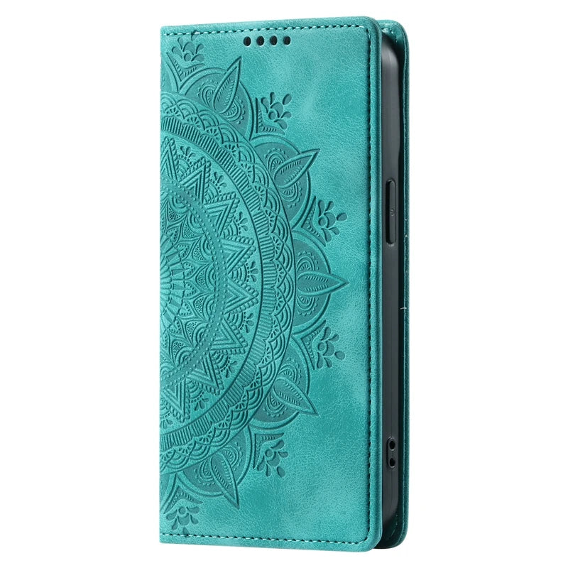 Capa de couro mandala magnética para iPhone 11, 12, 13, 14, 15