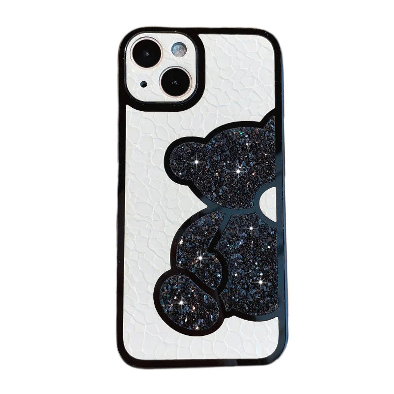 Capa macia de couro bonito coreano glitter bear para iphone  XS, XR, X, 11, 12, 13, 14