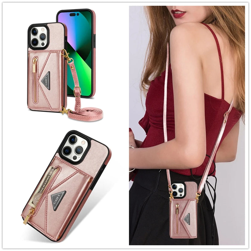 Capa de Couro Crossbody para iPhone, Carteira de Cartão Lateral, Zipper Flip, iPhone 11, 12, 13, 14, 15