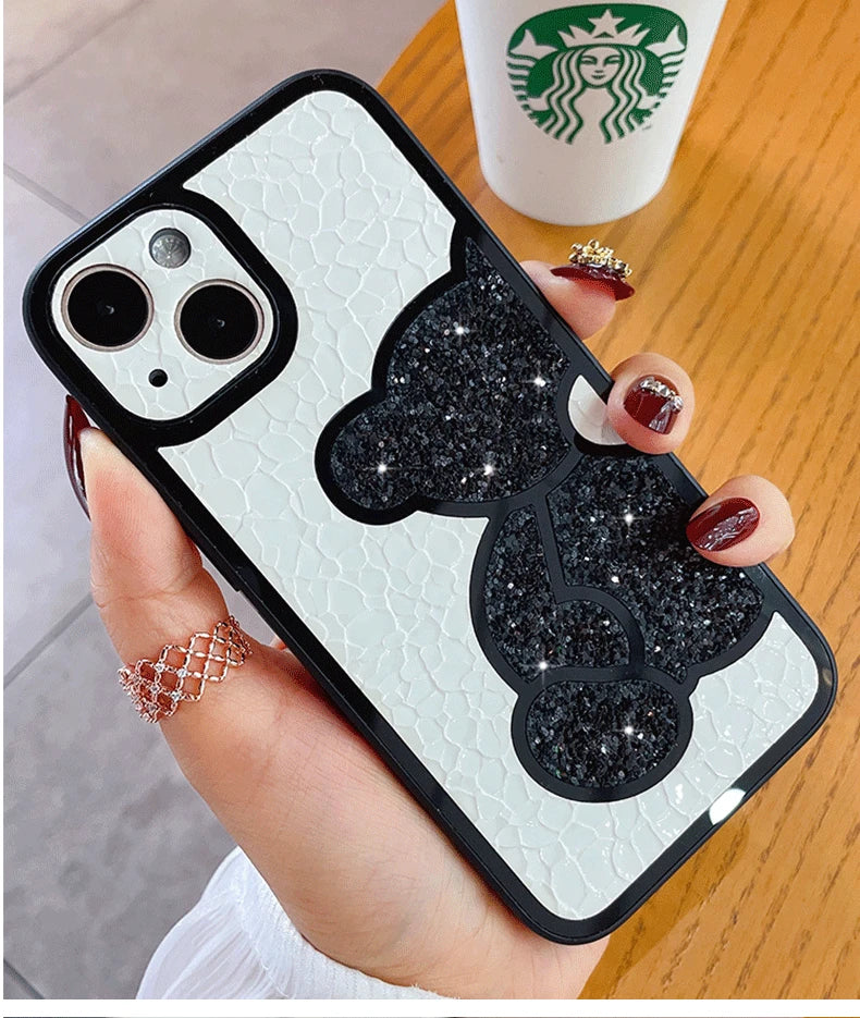 Capa macia de couro bonito coreano glitter bear para iphone  XS, XR, X, 11, 12, 13, 14