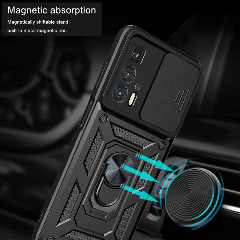 Capa com tampo da câmera deslizante para motorola edge 20 pro, armadura com suporte magnético