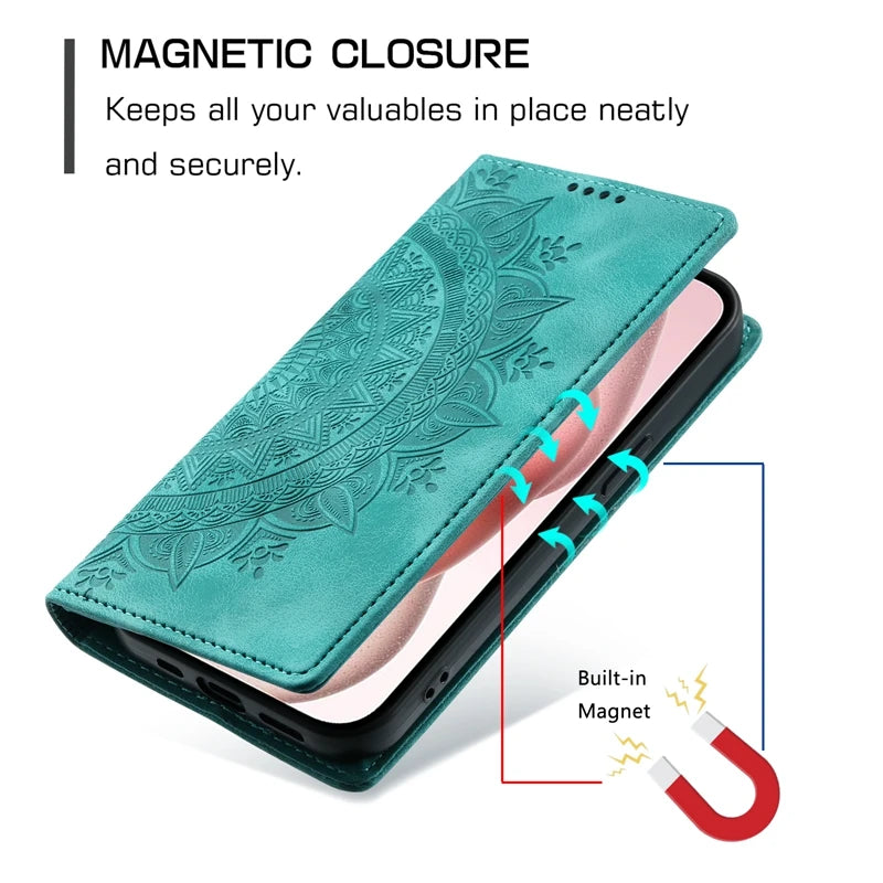 Capa de couro mandala magnética para iPhone 11, 12, 13, 14, 15