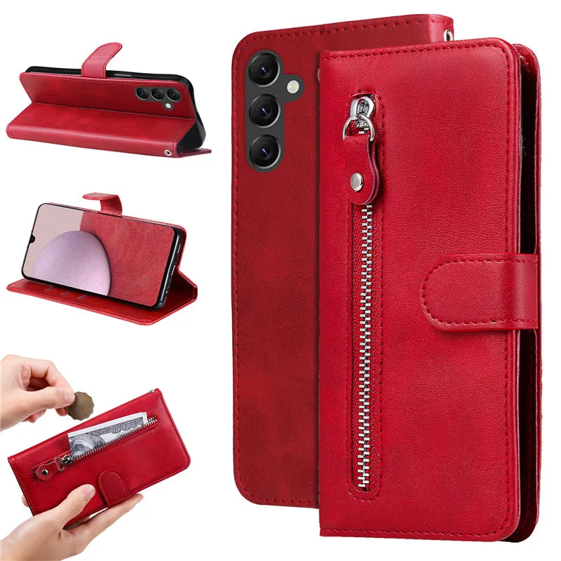 Capa de couro magnética flip para Samsung Galaxy, tampa do saco do telefone carteira, slot para cartão, zíper, A14, A24, 4G, A04, A04E, A04s, A34, A54, 5G