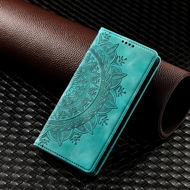 Capa de couro mandala magnética para iPhone 11, 12, 13, 14, 15