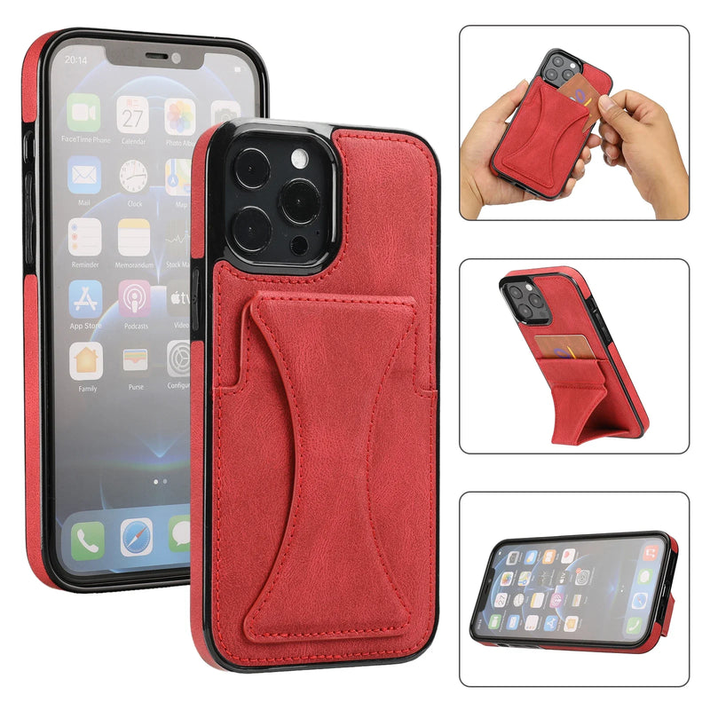 Capa de couro luxuosa para iPhone, tampa traseira flip, suporte de cartão, suporte magnético 12, 13, 14, 15