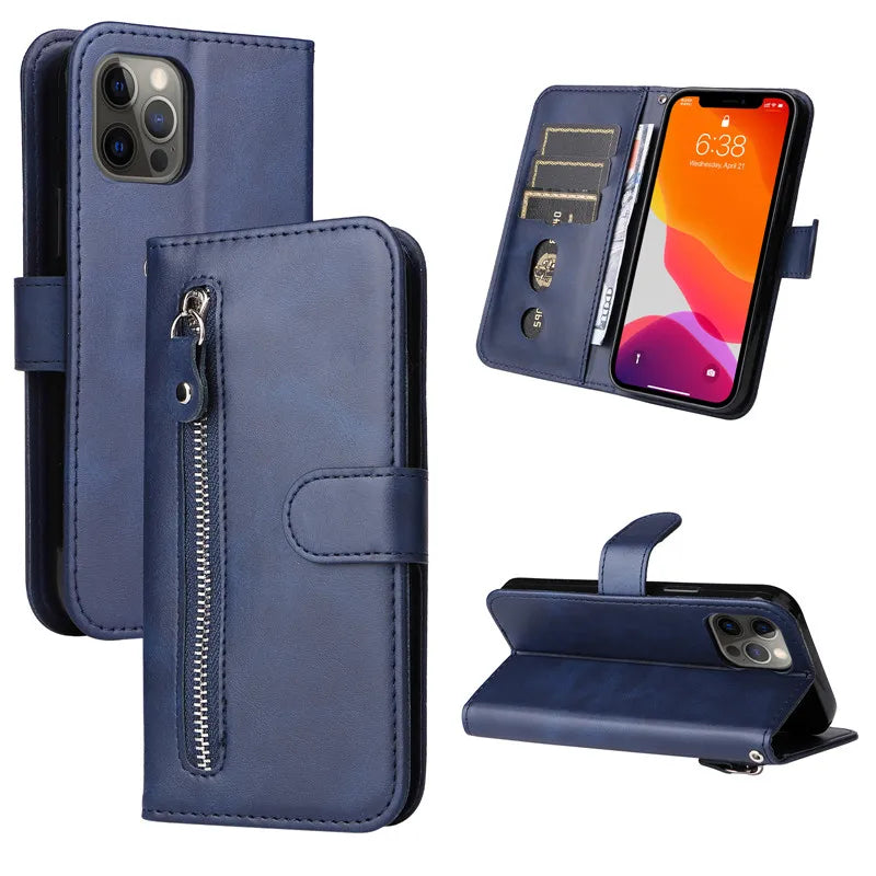 Capa de couro magnética flip para Samsung Galaxy, tampa do saco do telefone carteira, slot para cartão, zíper, A14, A24, 4G, A04, A04E, A04s, A34, A54, 5G