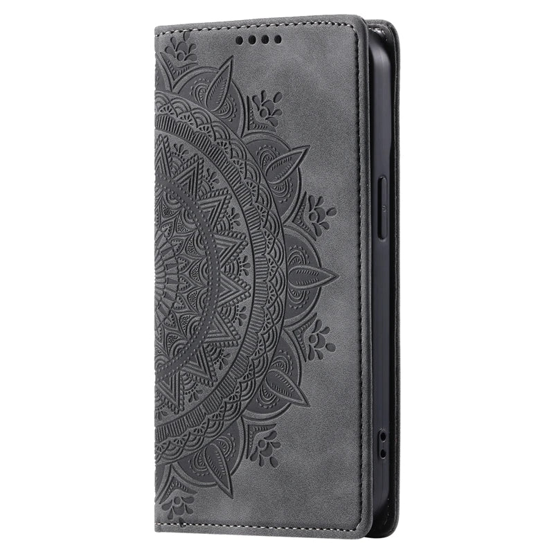 Capa de couro mandala magnética para iPhone 11, 12, 13, 14, 15