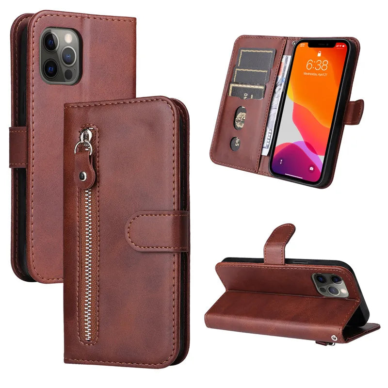 Capa de couro magnética flip para Samsung Galaxy, tampa do saco do telefone carteira, slot para cartão, zíper, A14, A24, 4G, A04, A04E, A04s, A34, A54, 5G