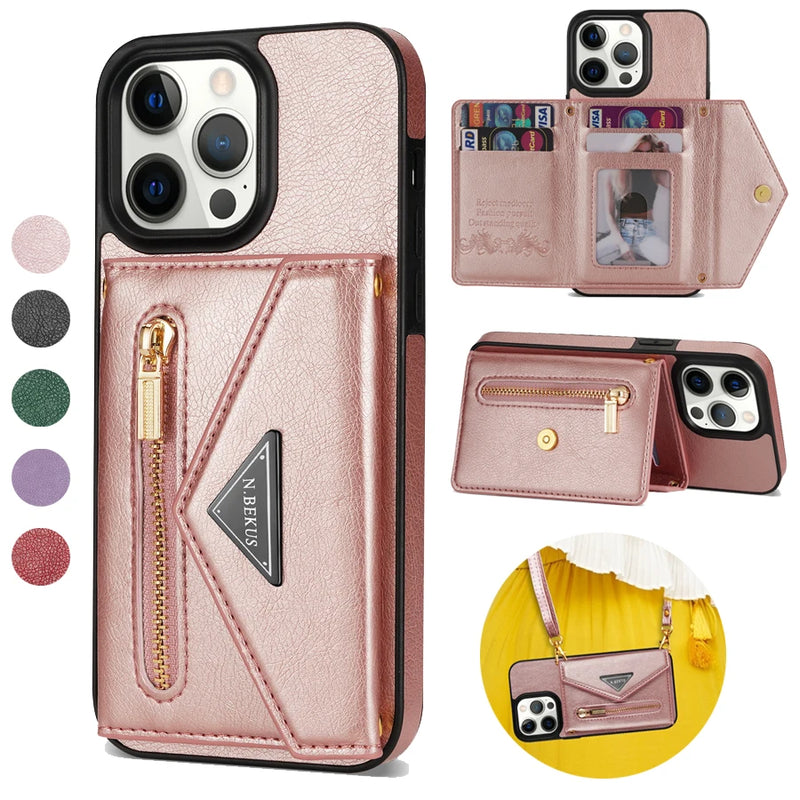 Capa de Couro Crossbody para iPhone, Carteira de Cartão Lateral, Zipper Flip, iPhone 11, 12, 13, 14, 15