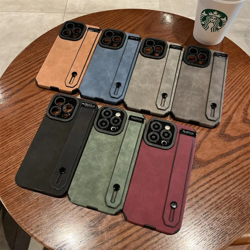 Capa macia à prova de choque para iPhone, pulseira de couro de luxo, suporte de mão iPhone 11, 12, 13, 14, 15 - PRO, PROMAX, PLUS, Min