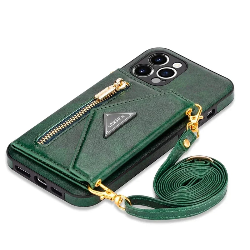 Capa de Couro Crossbody para iPhone, Carteira de Cartão Lateral, Zipper Flip, iPhone 11, 12, 13, 14, 15