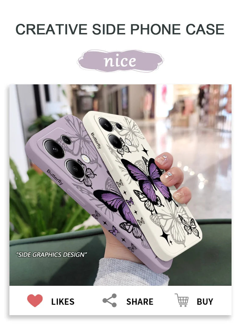 Capa Flying Butterfly Phone para Xiaomi, Capa de Silicone Líquido, Redmi Note 13, 12, 12S, 11, 11S, 10, 10S, 9, 9S Pro Plus, 4G, 5G