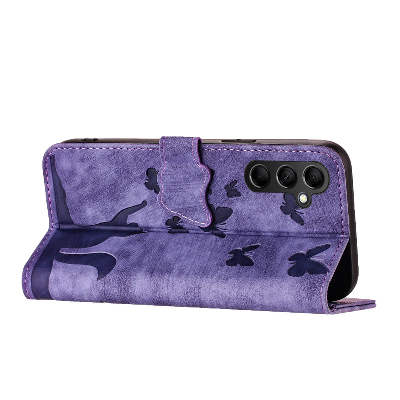 Capa de telefone bonito gato e borboleta, capa de couro, iPhone 12, 14, 14, 15, Pro Max,