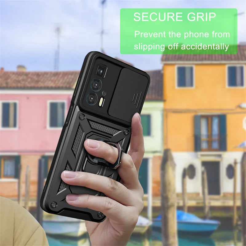 Capa com tampo da câmera deslizante para motorola edge 20 pro, armadura com suporte magnético