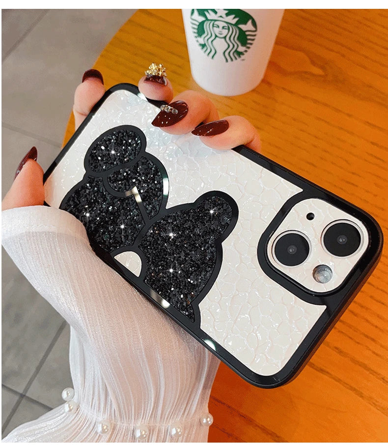 Capa macia de couro bonito coreano glitter bear para iphone  XS, XR, X, 11, 12, 13, 14