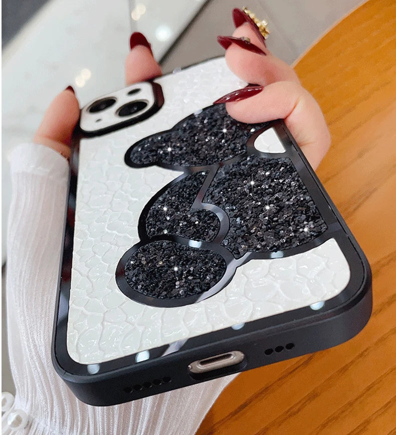 Capa macia de couro bonito coreano glitter bear para iphone  XS, XR, X, 11, 12, 13, 14