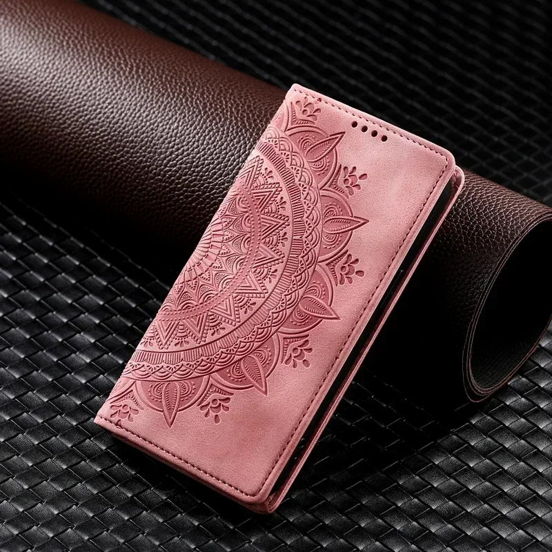 Capa de couro mandala magnética para iPhone 11, 12, 13, 14, 15