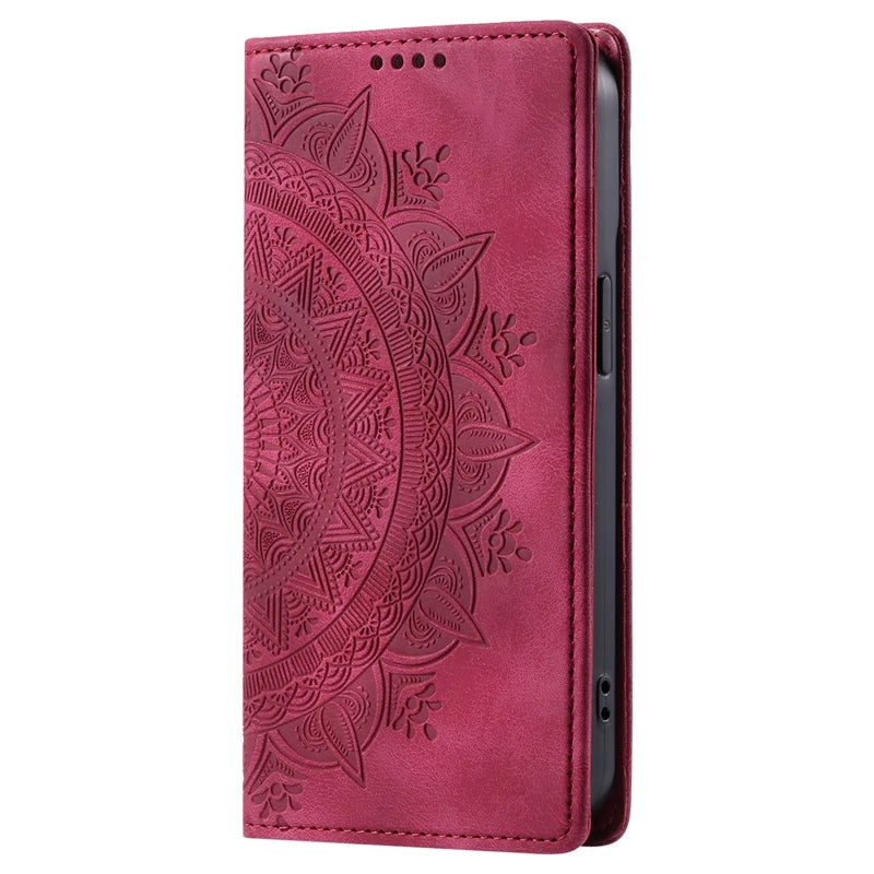 Capa de couro mandala magnética para iPhone 11, 12, 13, 14, 15