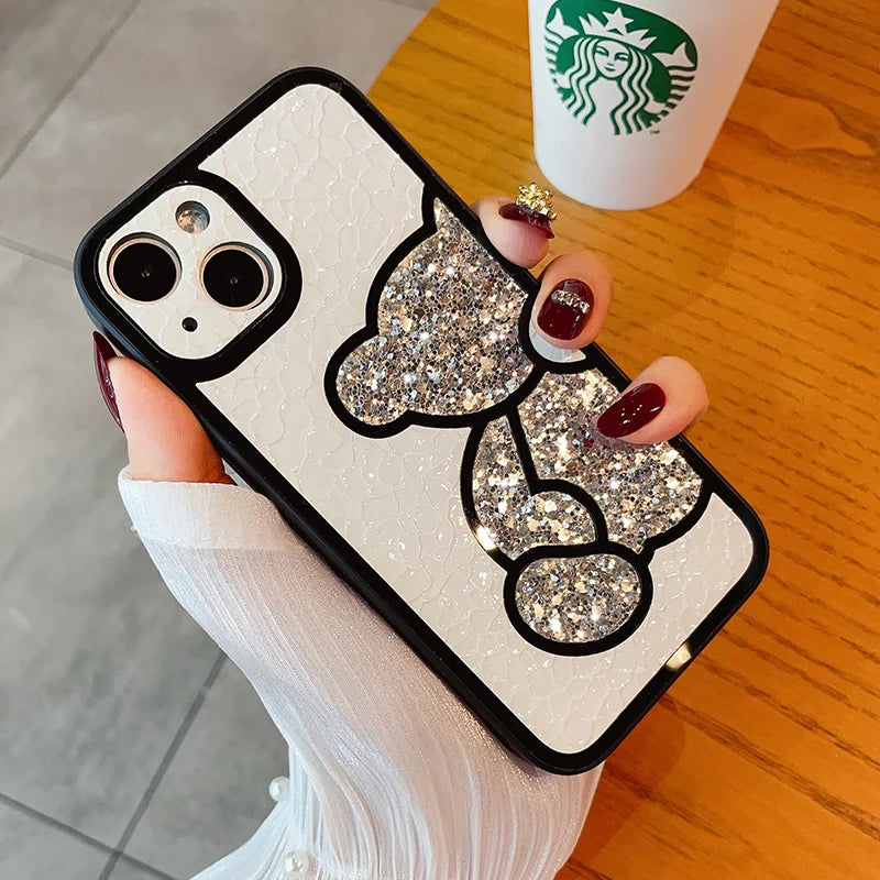 Capa macia de couro bonito coreano glitter bear para iphone  XS, XR, X, 11, 12, 13, 14