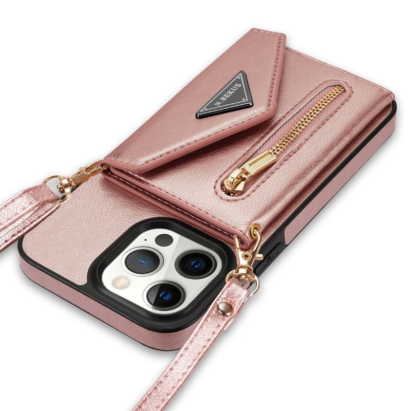 Capa de Couro Crossbody para iPhone, Carteira de Cartão Lateral, Zipper Flip, iPhone 11, 12, 13, 14, 15