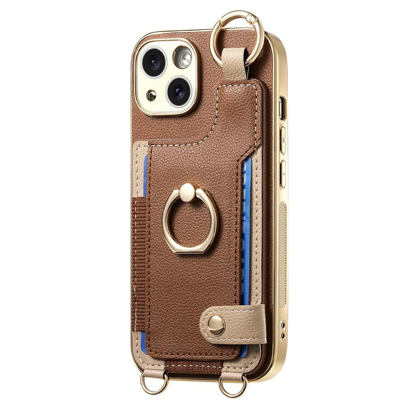 Capa de couro  com cordão de mão para Iphone 12, 13, 14, 15