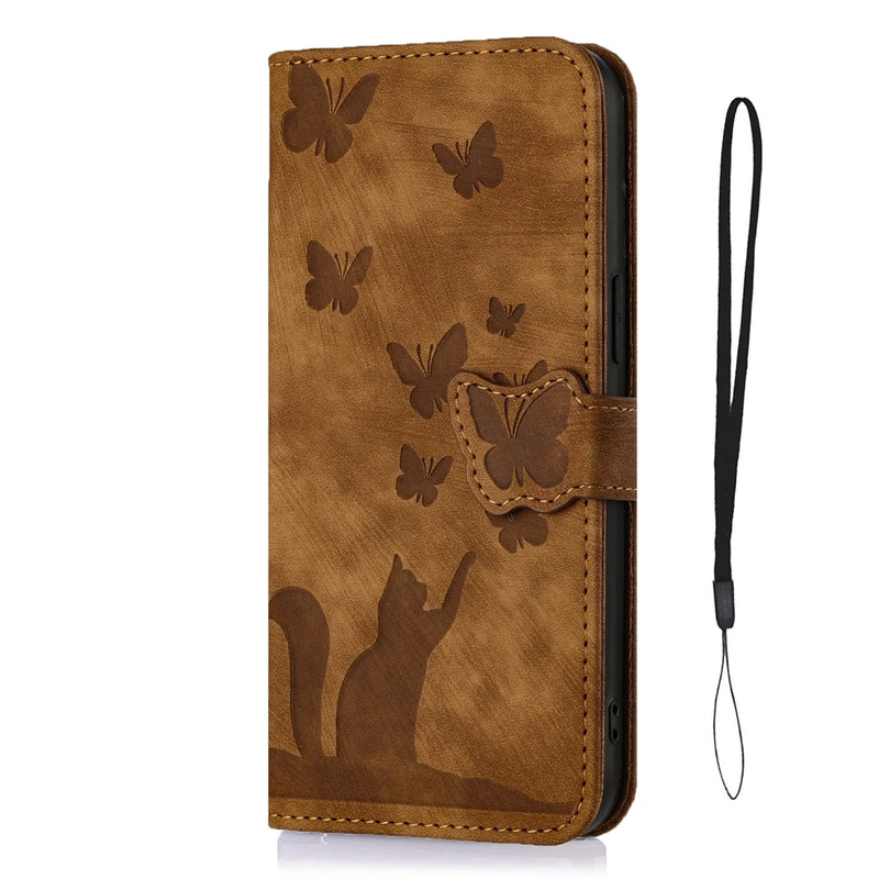 Capa de telefone bonito gato e borboleta, capa de couro, iPhone 12, 14, 14, 15, Pro Max,