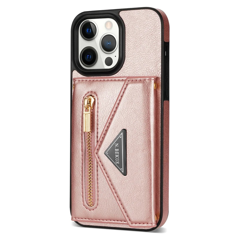 Capa de Couro Crossbody para iPhone, Carteira de Cartão Lateral, Zipper Flip, iPhone 11, 12, 13, 14, 15