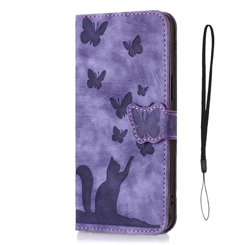 Capa de telefone bonito gato e borboleta, capa de couro, iPhone 12, 14, 14, 15, Pro Max,