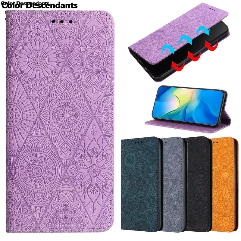 Caixa de telefone de couro magnético, retro Embossing Flip Wallet, tampa traseira para Samsung Galaxy A12, A22, A42, M32, F22, M22, A21S