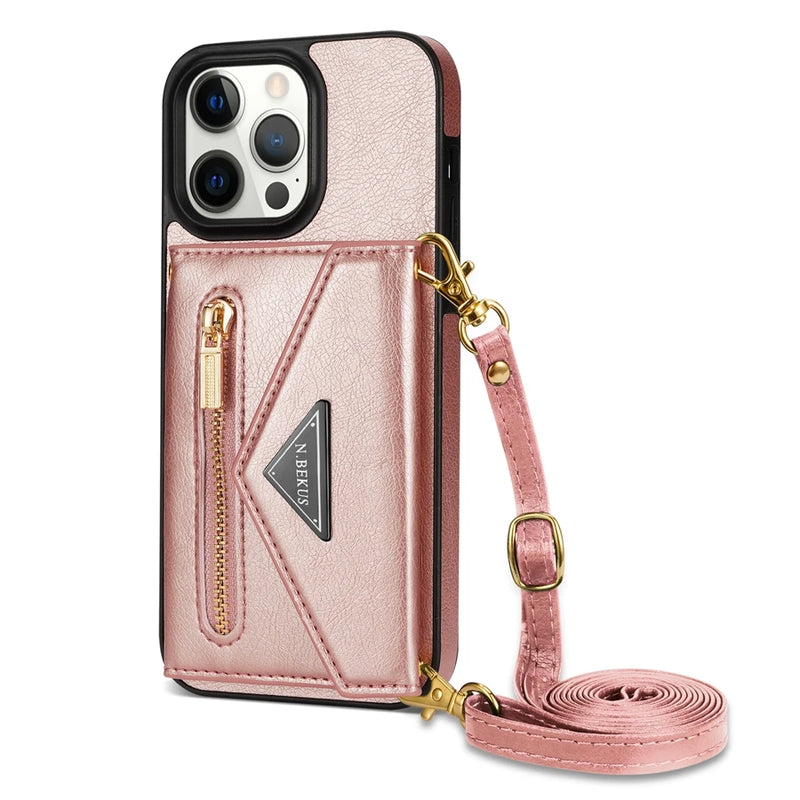 Capa de Couro Crossbody para iPhone, Carteira de Cartão Lateral, Zipper Flip, iPhone 11, 12, 13, 14, 15