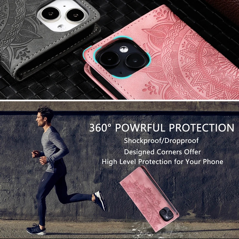 Capa de couro mandala magnética para iPhone 11, 12, 13, 14, 15