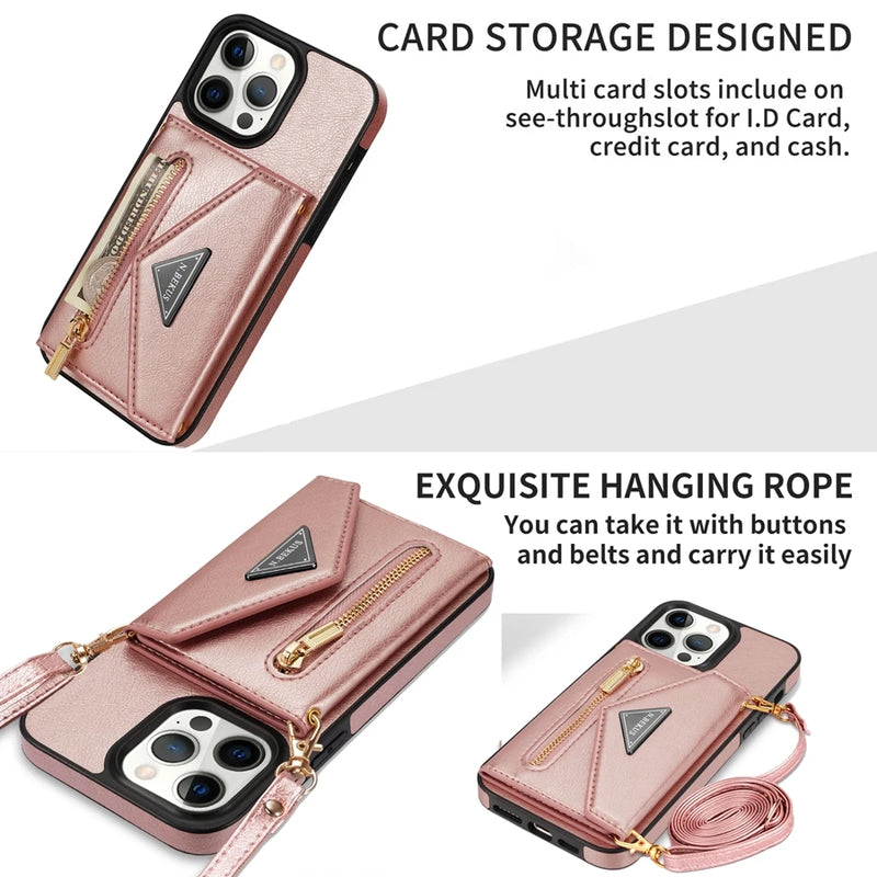 Capa de Couro Crossbody para iPhone, Carteira de Cartão Lateral, Zipper Flip, iPhone 11, 12, 13, 14, 15