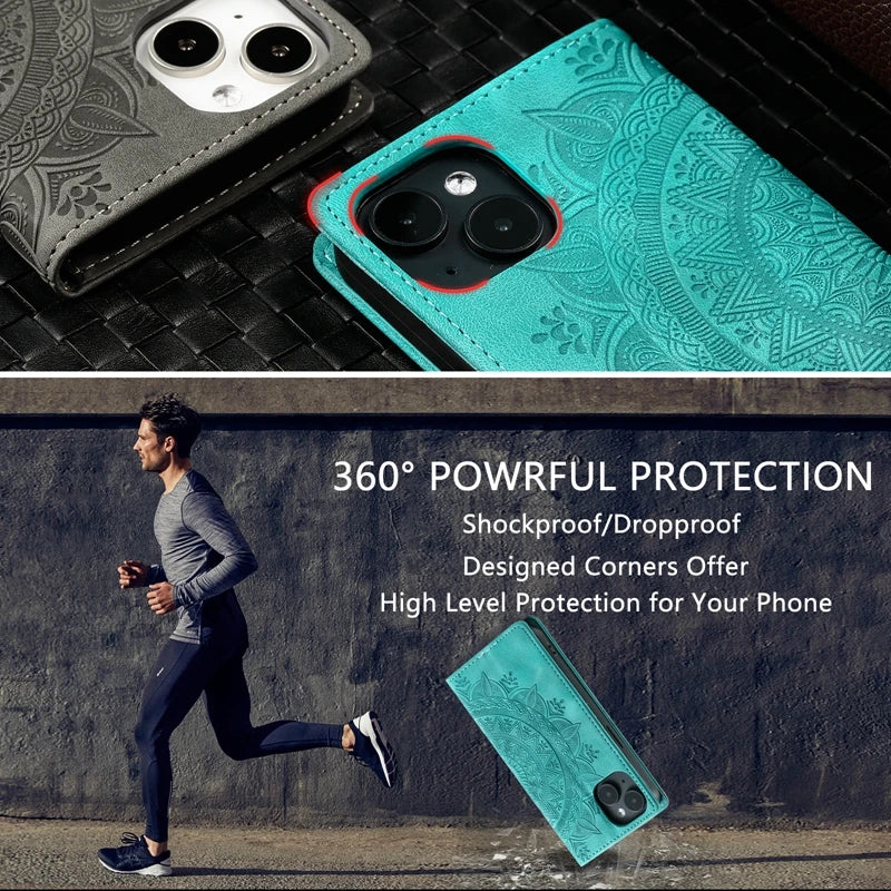 Capa de couro mandala magnética para iPhone 11, 12, 13, 14, 15