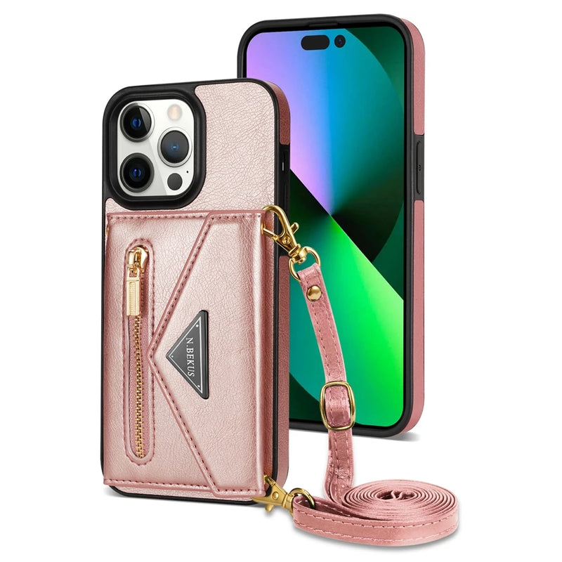 Capa de Couro Crossbody para iPhone, Carteira de Cartão Lateral, Zipper Flip, iPhone 11, 12, 13, 14, 15