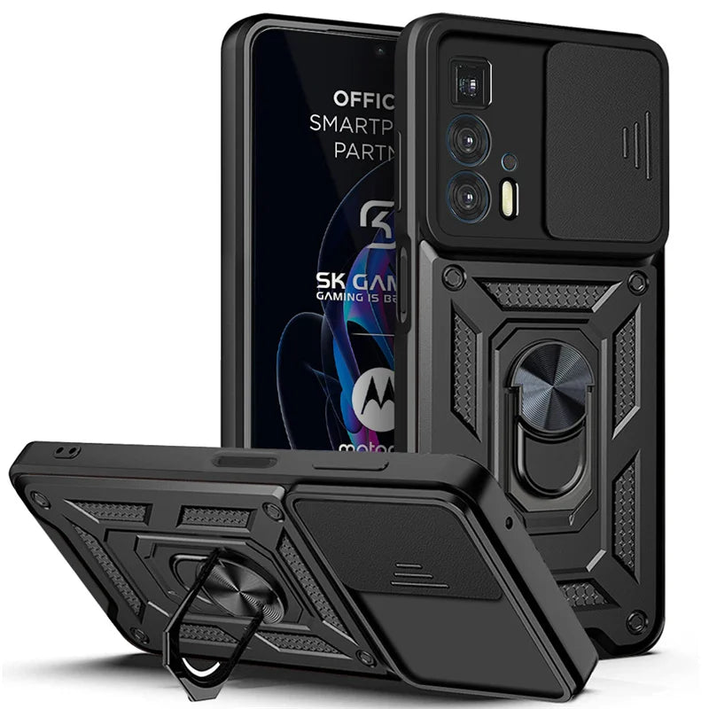 Capa com tampo da câmera deslizante para motorola edge 20 pro, armadura com suporte magnético