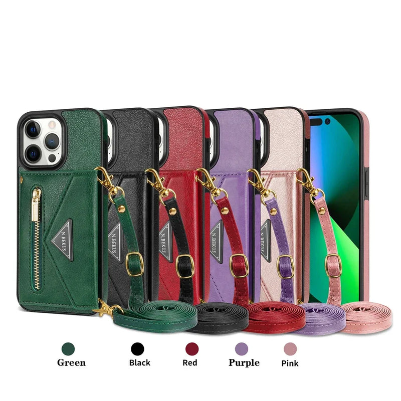 Capa de Couro Crossbody para iPhone, Carteira de Cartão Lateral, Zipper Flip, iPhone 11, 12, 13, 14, 15