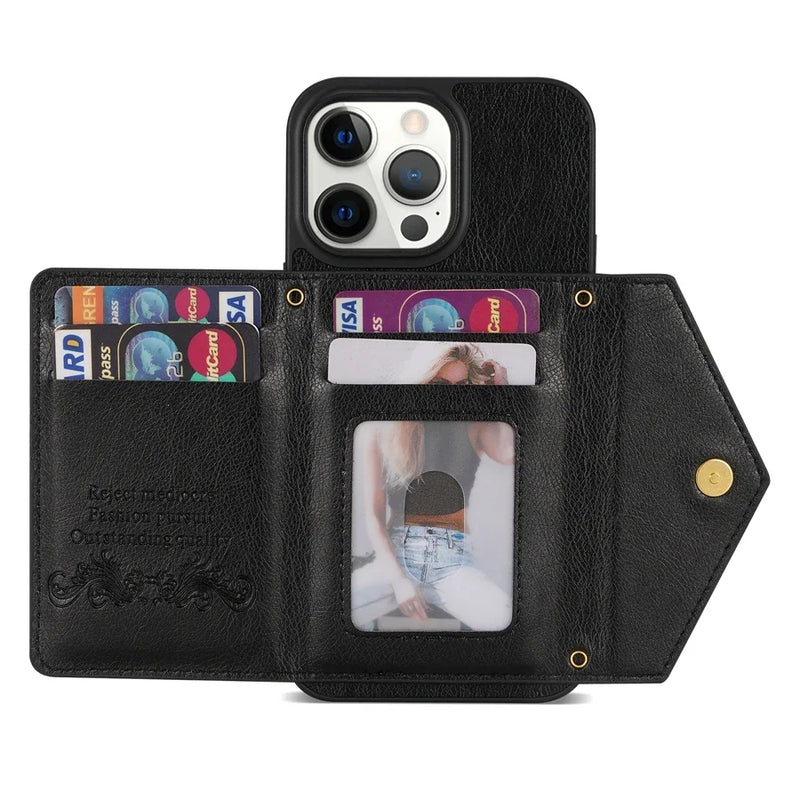 Capa de Couro Crossbody para iPhone, Carteira de Cartão Lateral, Zipper Flip, iPhone 11, 12, 13, 14, 15