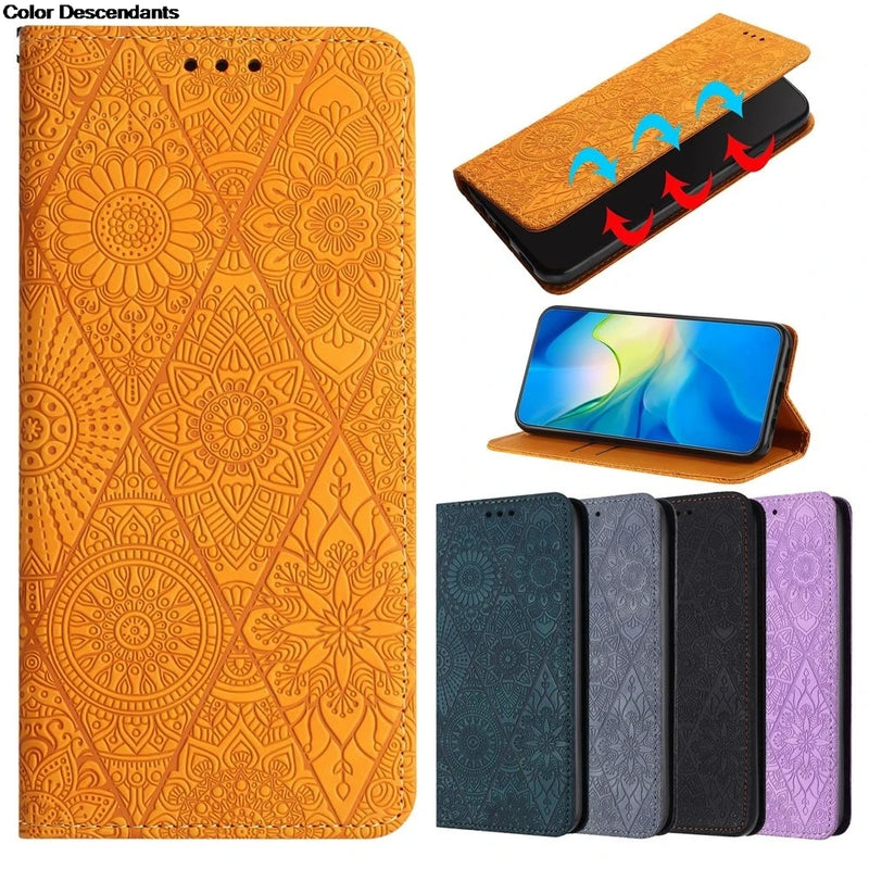 Caixa de telefone de couro magnético, retro Embossing Flip Wallet, tampa traseira para Samsung Galaxy A12, A22, A42, M32, F22, M22, A21S