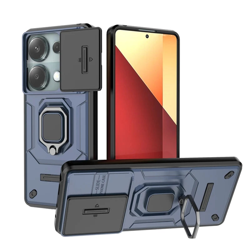 Armor Slide Camera Lens Proteção Capa, Anel Stand Cases para Xiaomi Redmi Note 13 Pro, 4G