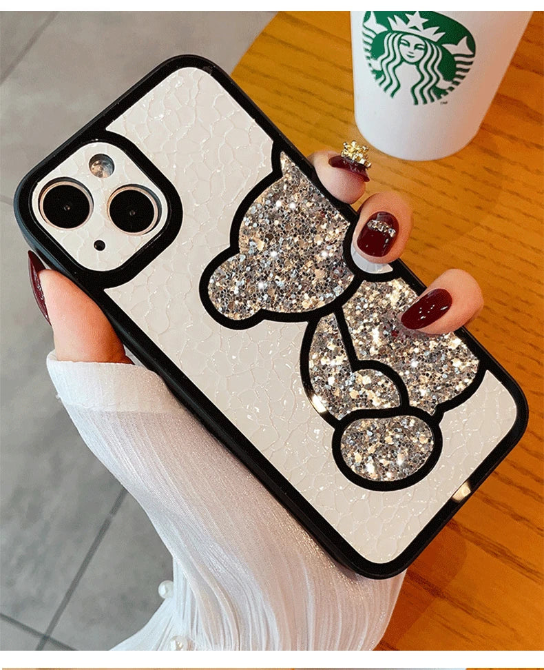 Capa macia de couro bonito coreano glitter bear para iphone  XS, XR, X, 11, 12, 13, 14