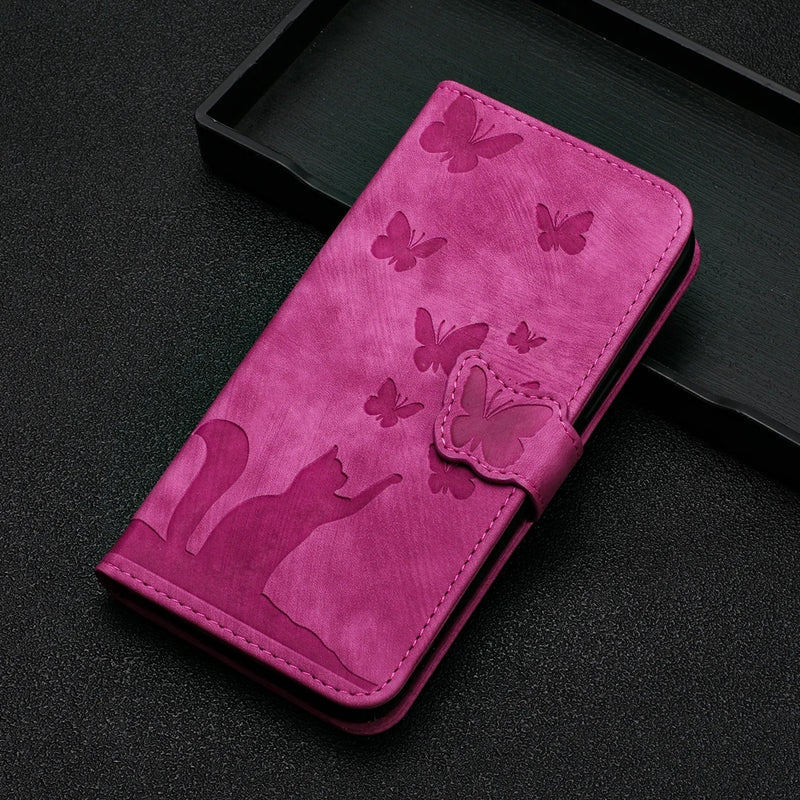 Capa de telefone bonito gato e borboleta, capa de couro, iPhone 12, 14, 14, 15, Pro Max,